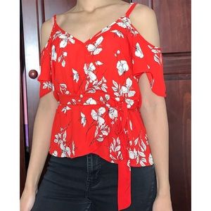Red, floral off the shoulder top. size M